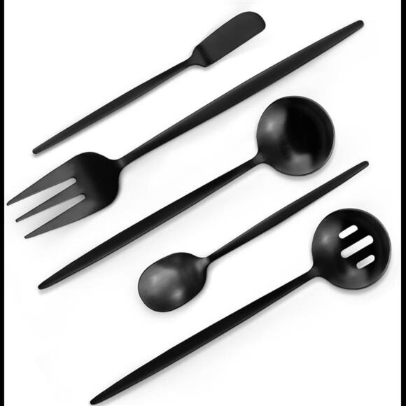 Matte Black Serving Silverware Set, 5-Piece Round Shared Utensils Set - Picture 1 of 7